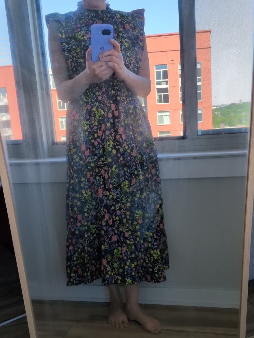 MELLODAY Black Floral Midi Dress with Pink & Green Accents Small EUC